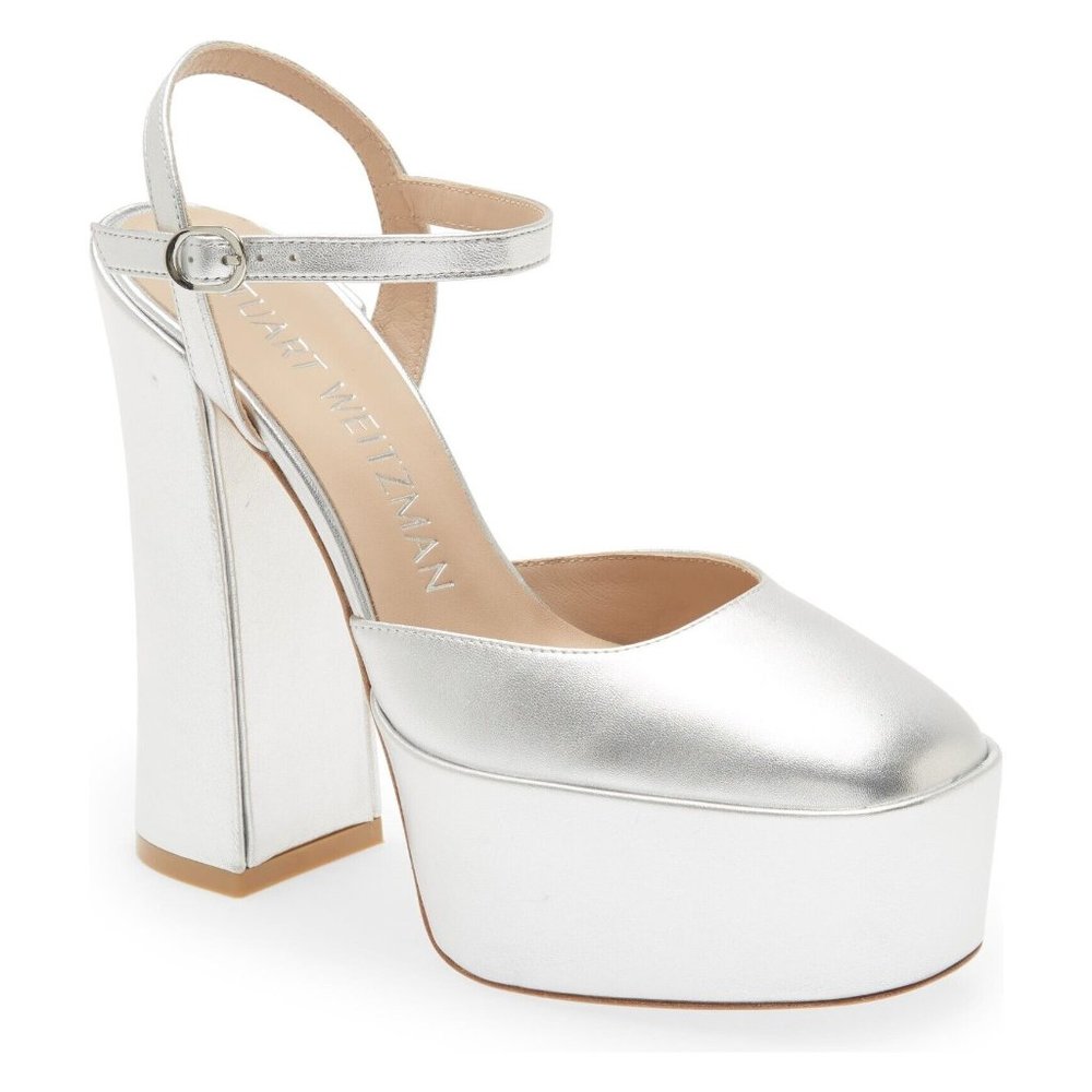 $600 STUART WEITZMAN SKYHIGH 145 ANKLE-STRAP PLATFORM PUMP SILVER 9  (PA17)